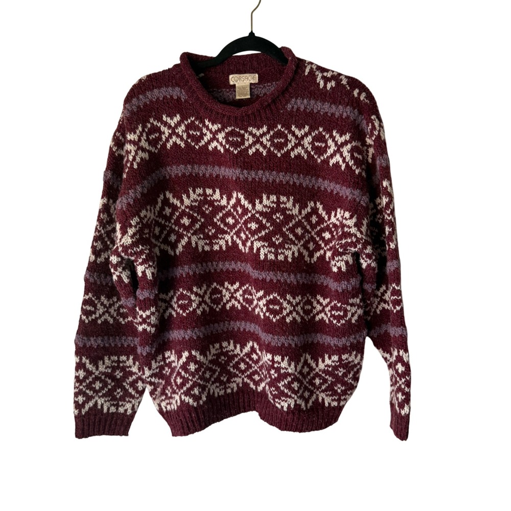 CORSAGE Vintage Womens Burgundy Nordic Fair‎ Isle Knit Sweater Pullover Size L
